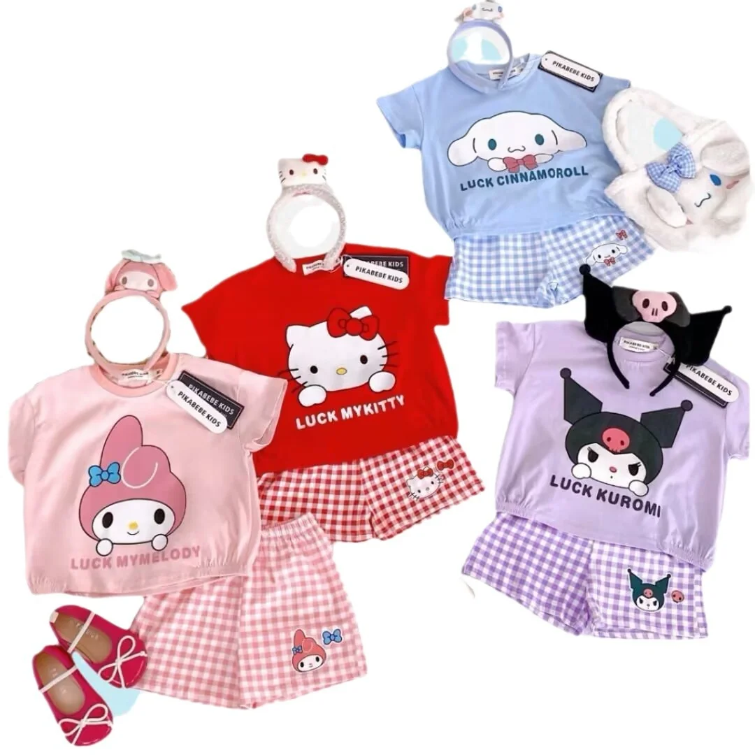 Sanrioss летняя одежда кавайная Одежда KT My Melody Kuromi Cinnamoroll купальник аниме ночная рубашка футболка шорты Детский комплект