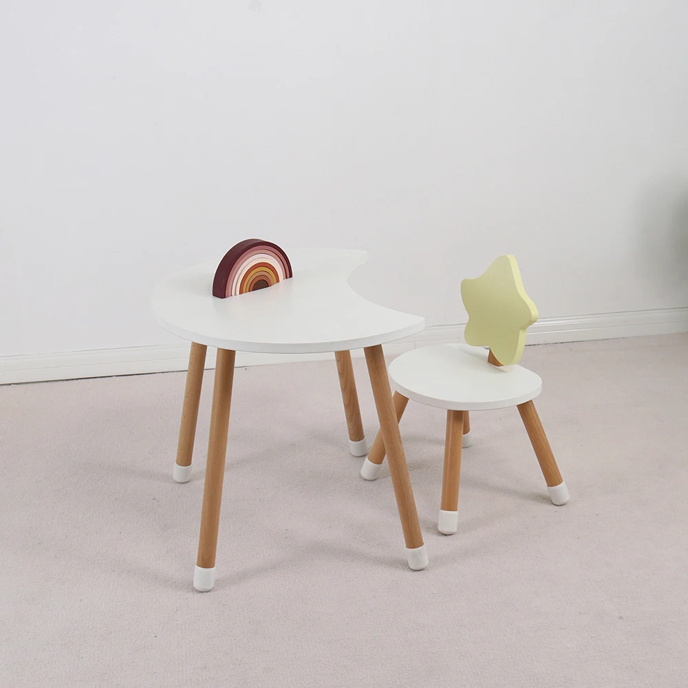 Montessory Kindergarten Table Kids Desk Children Bedroom Furniture Sets Moon Shape Wooden Kids activity Table and Chairs
