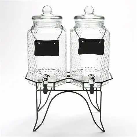 
4L Kitchen Bar Water Beverage Juice Drink Dispenser Glass Jars With Metal Stand Tap Set of 2 