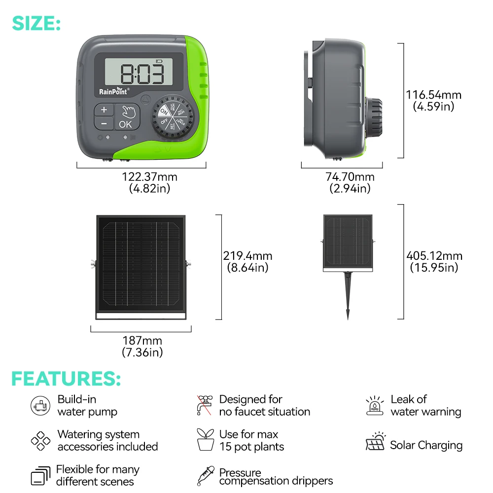 Rainpoint Solar Irrigation Pump Timer self watering system for Pot Plants indoor greenhouse watering system