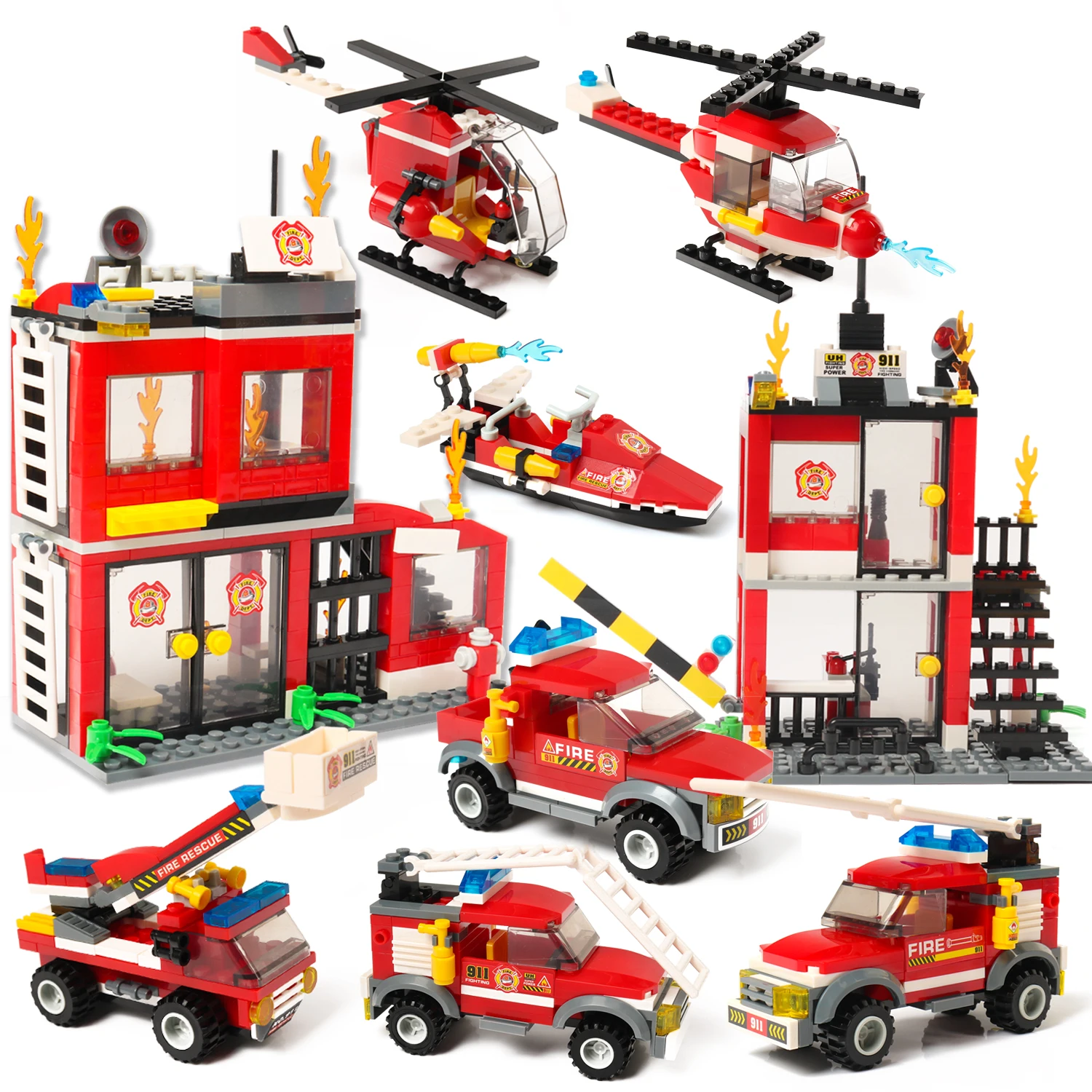 Exercise N Play Creative DIY Construction Building Blocks Fire Station City Coastline Emergency Rescue Team With Toy Bucket