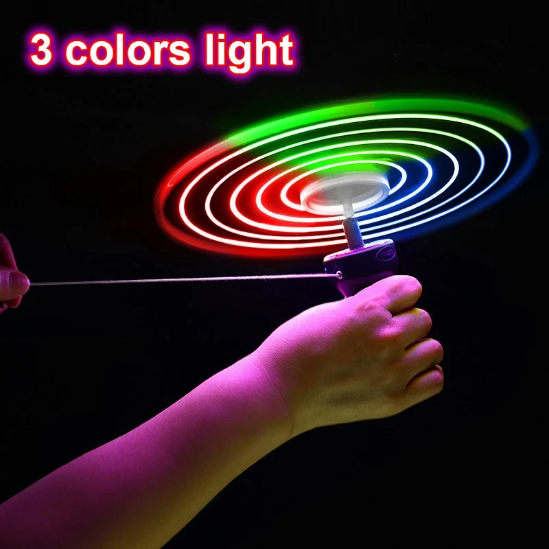 1pc LED Light Handle Top Classic Toys Funny Spinning Flyer Pull Wire Glow UFO Luminous Plastic Kids Outdoor Sports Parent-Child