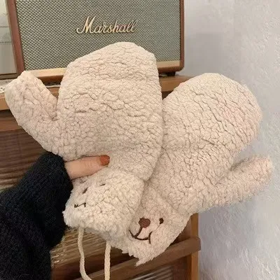 Женские варежки с мультяшным медведем зимние теплые кашемировые перчатки имитацией меха ягненка на полный палец Handschoen Guantes