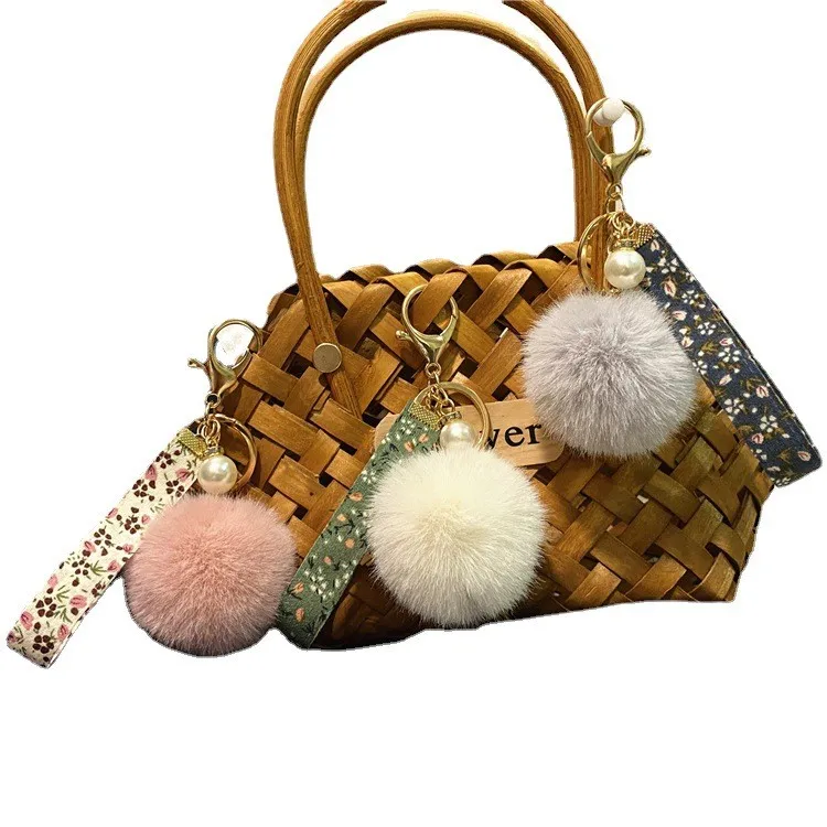 Multicolor Rabbit Fur Ball Keychain Favor Creative Floral Ribbon Keyring Cute Plush Bag Pendant Pearl Car Key Chain Accessories