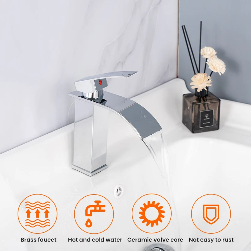 
High Quality Stainless Steel Single Handle Taps One Hole Waterfall Mixer Sinks Faucets Face Bathroom Wash Basin Faucet 