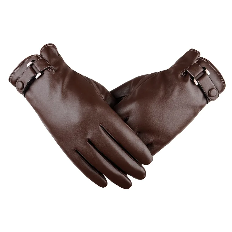 HF Men Autumn/winter Leather PU Touch Screen Warm Cycling Outdoor Sports Padded Cotton Mitten Gloves