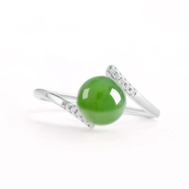 Natural Hetian jade Jasper spinach green round bead jade ring S925 silver inlaid ladies ring fashion ring adjustable D633
