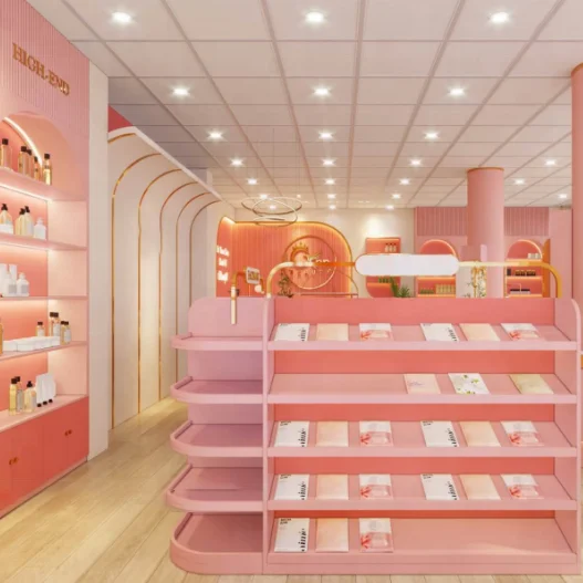 Деревянный стеллаж для косметического магазина