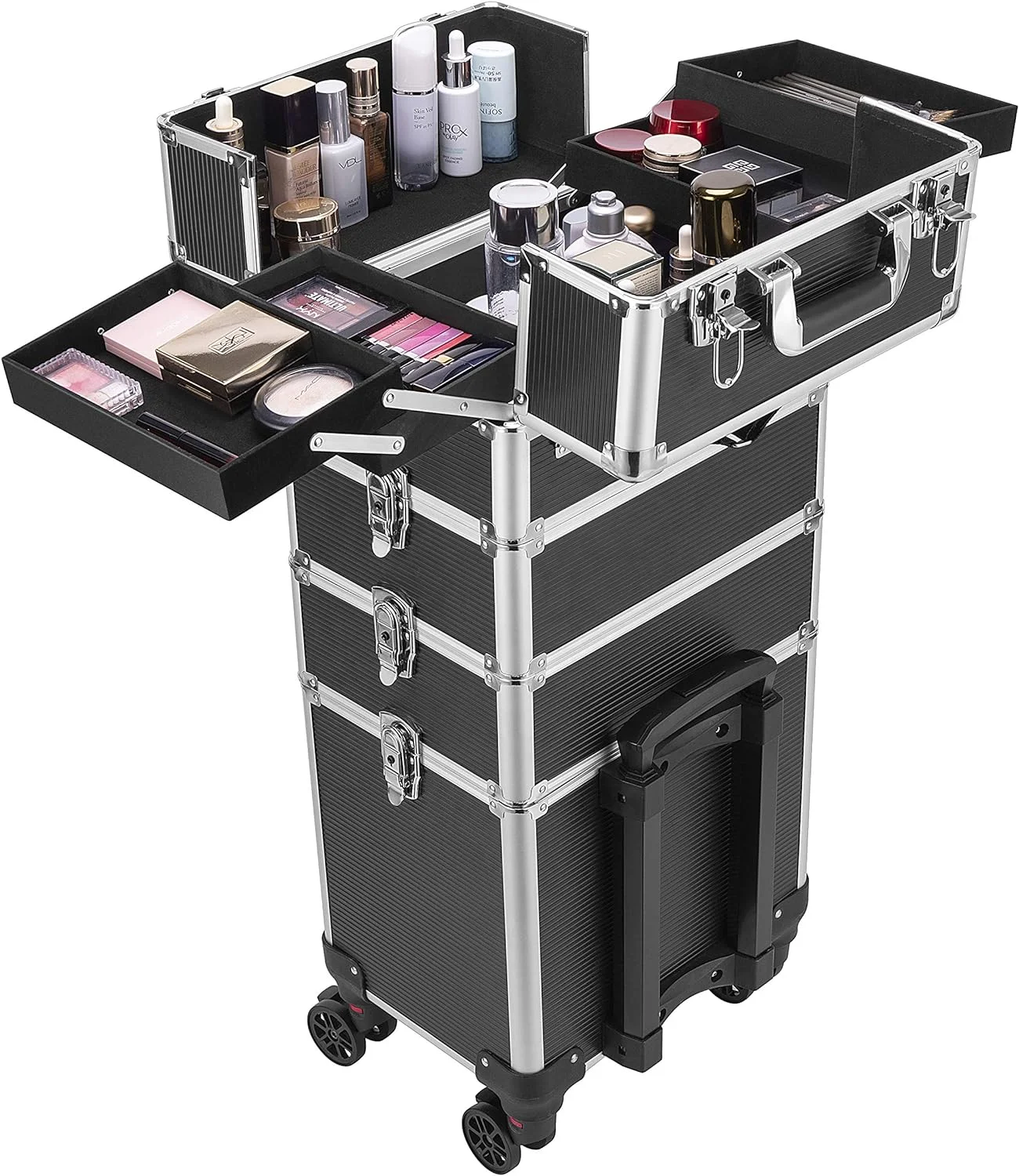 Professional 4-in-1 Rolling Train Case Aluminum Trolley with Shoulder Straps Cosmetic Organizer Box Makeup Bag & Case
