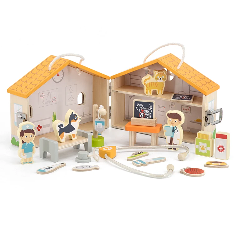 Superior Quality Cartoon Fashion Pet Hospital Model Stacking Mini House Wooden Toys For Child