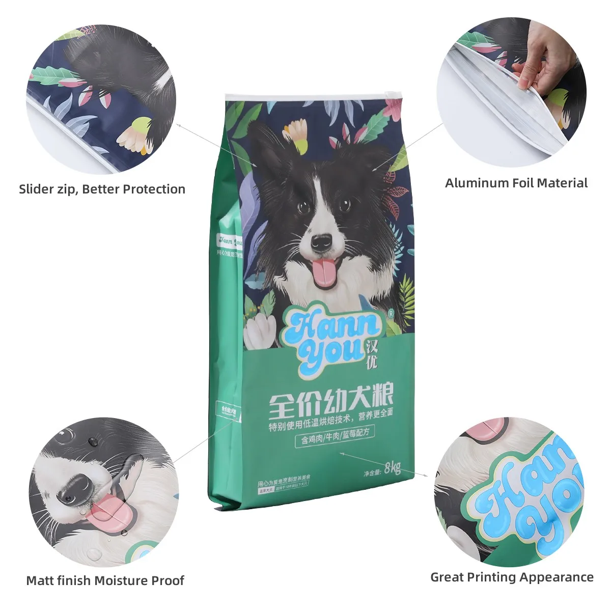 8 KG capacity Slider zipper lock aluminum foil quad sealed resealable side gusset stand up packaging cat dog pet food bag