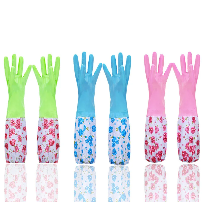 Household gloves plus fleece kitchen dishes laundry latex gloves Durable rubber gloves waterproof long factory direct sale