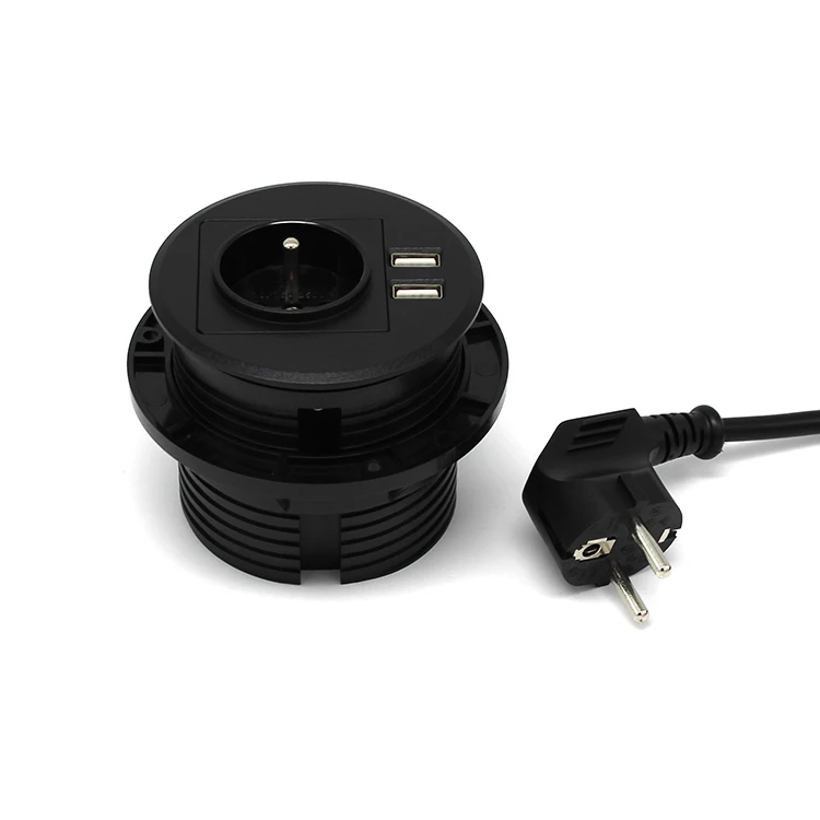 Mounted Tabletop Round EU Standard Schuko Power Outlet with Dual USB Charger Ports/ Embedded European AC Power Furniture Socket