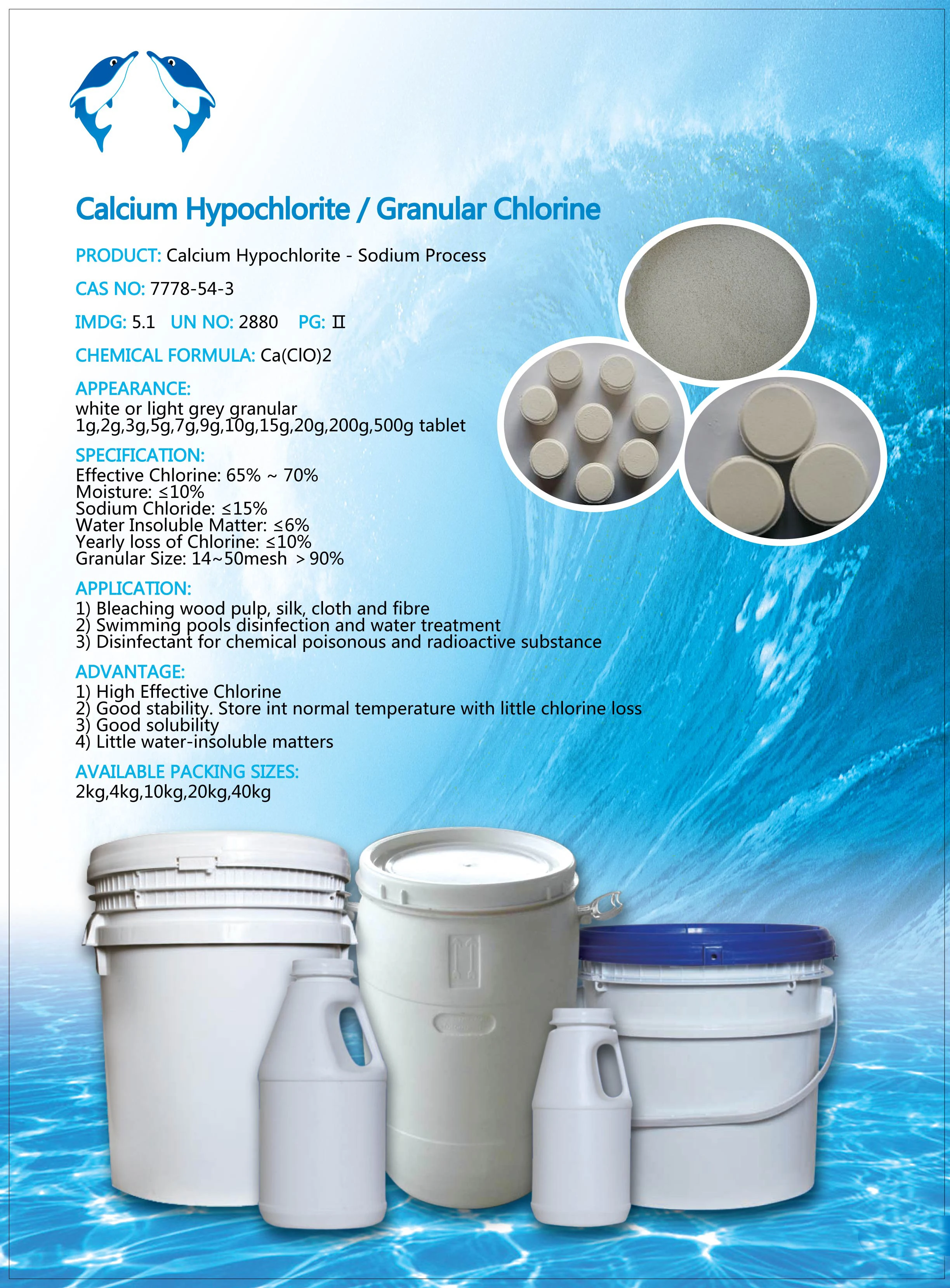 40-45 kgs package chlorine 65-70%  granular Calcium Hypochlorite