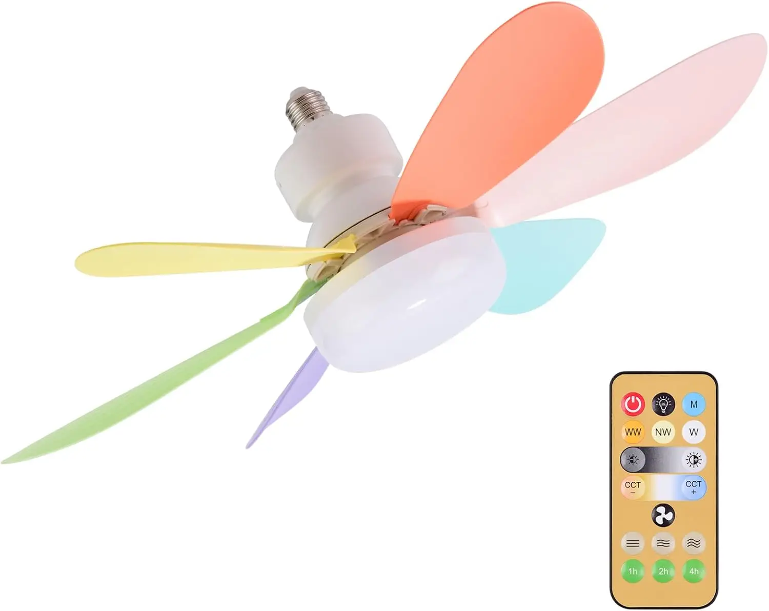 Adjustable ceiling fan with E26 base, screw socket fan for indoor bedroom kitchen living room, multi-color