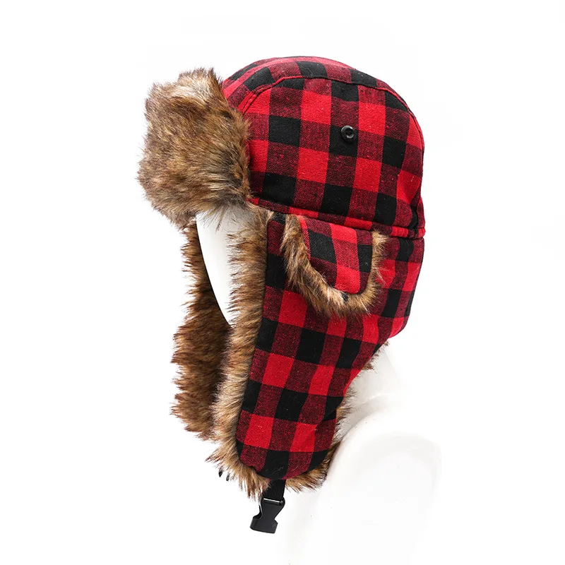 Plaid Faux Fur Bomber Hat for Women Men Custom Riding Fuzzy Thick Warm Black Red Checked Earflap Winter Cap Fur Trapper Hat