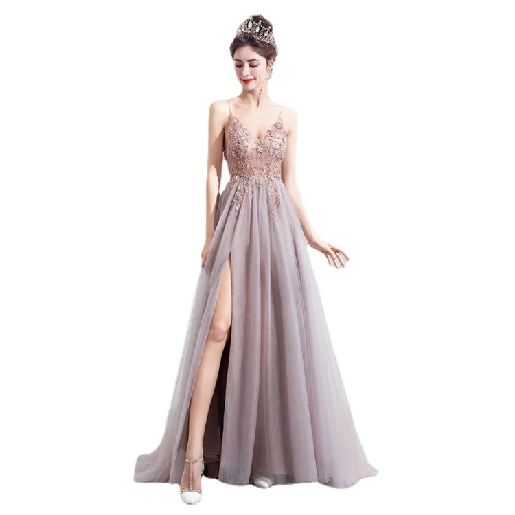 2023Evening dress banquet pink bride wedding show thin elegant temperament catwalk high slit wedding evening dress Drop shipping