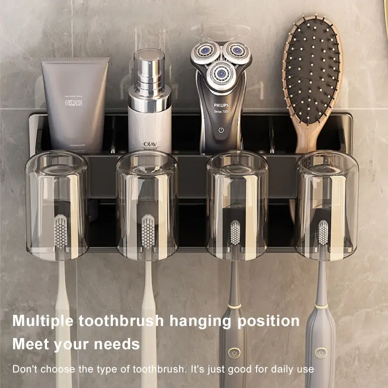 Punch Free Toothbrush Holders Multifunctional Storage Rack For Bathroom Wall Mounted Toothpaste Toothbrush Cup Organizer