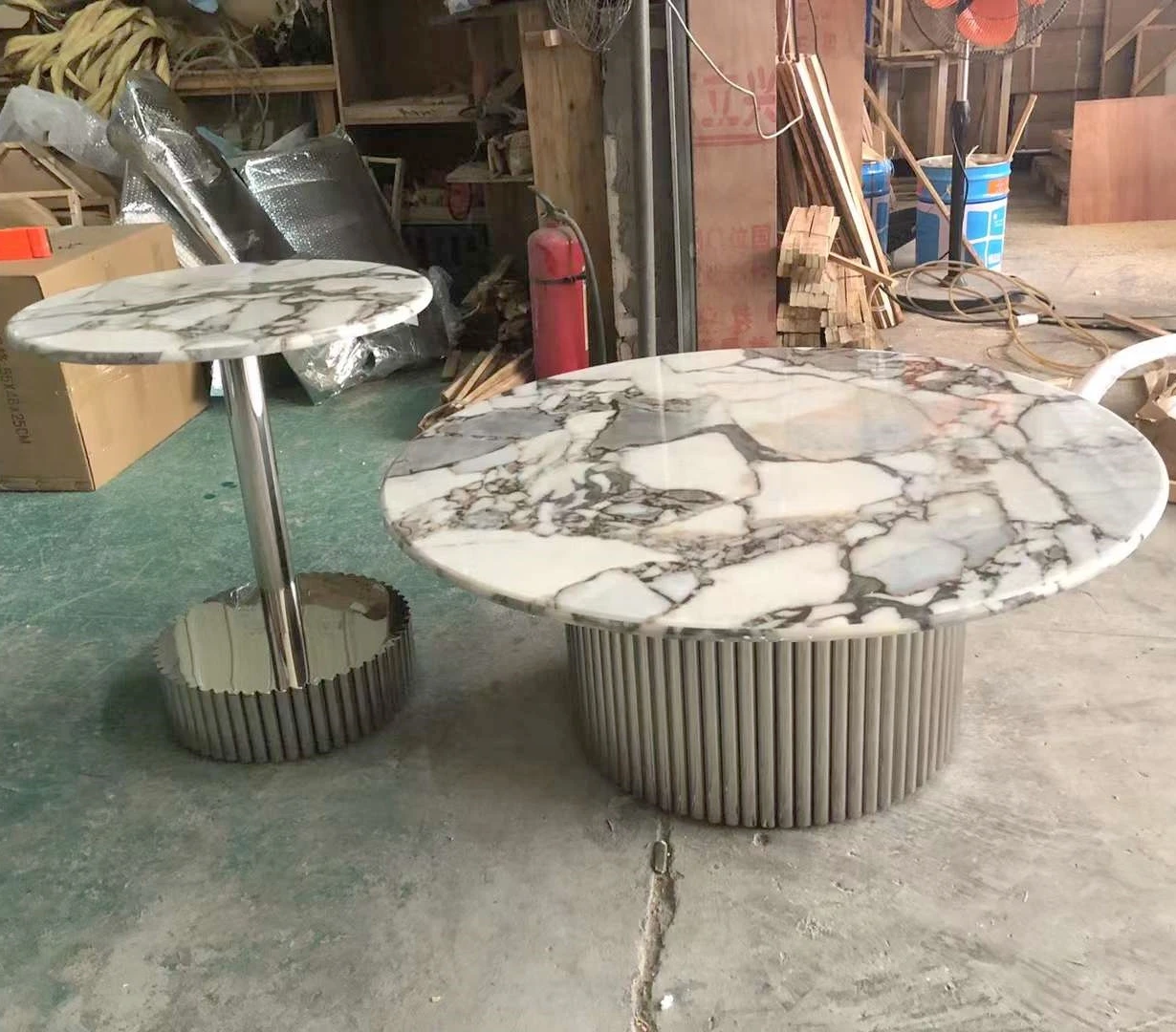 JS T038A Luxury Artificial Stone Furniture Foshan Made Coffee Table Set Stainless Steel Base Black Side Table