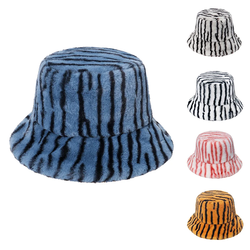 Hot Selling Winter Furry Vertical Tiger Stripes Woman Lady Fuzzy Bucket Hat Manufacturer