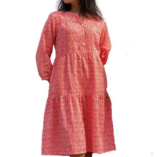 Custom Design Beautiful Red Print Full Sleeve 100% Cotton Gift Female Dress