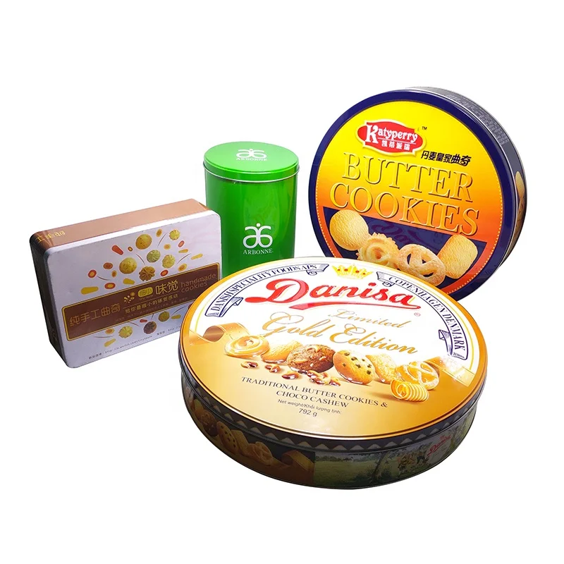 Food grade round nice metal tin box cake cookie biscuit tin can container