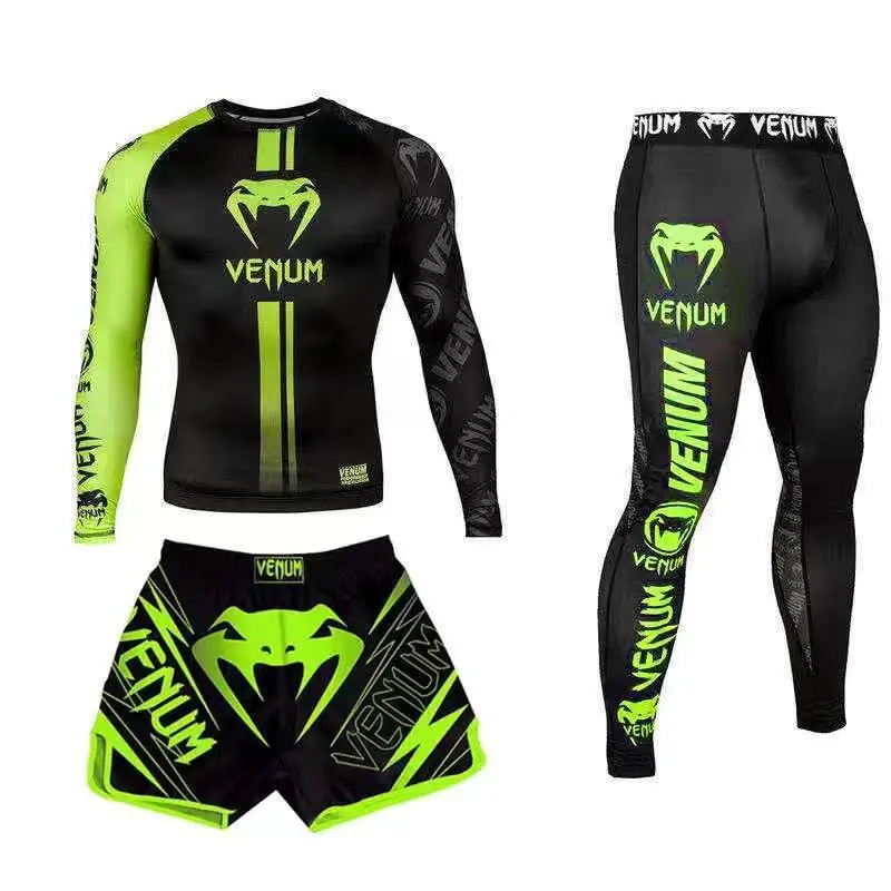 Sportswear MMA Rashguard T-shirt+Shorts 3pcs/set Muay Thai Suit Bjj Kickboxing Men Gym Competition Sport Training Combat Wear