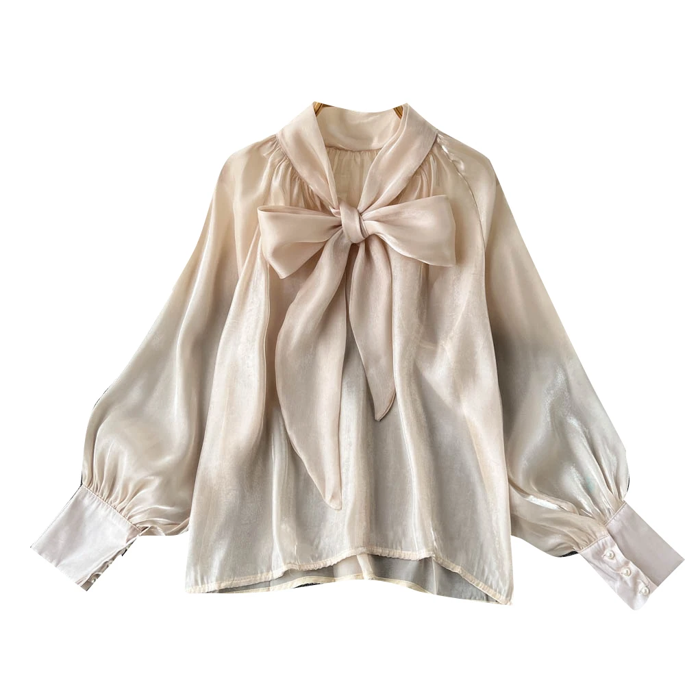 Summer Full Sleeve O-Neck Shirts Women Solid Bow Casual Blouse Ladies Elegant Clothing Clothes Women Wholesale