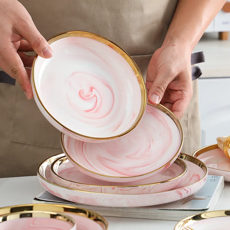 Wholesale ceramic pink marble design dinnerware sets luxury plates sets dinnerware