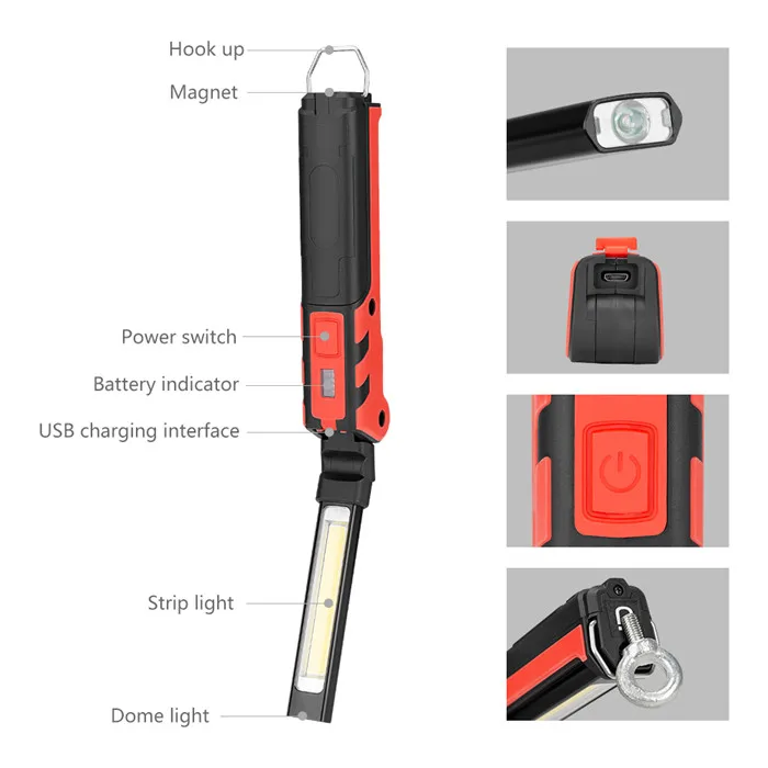 USB Rechargeable 5W COB Work lamp Portable Foldable COB LED Work Light Magnetic Flashlight Torch For Car Inspection Repair lamp