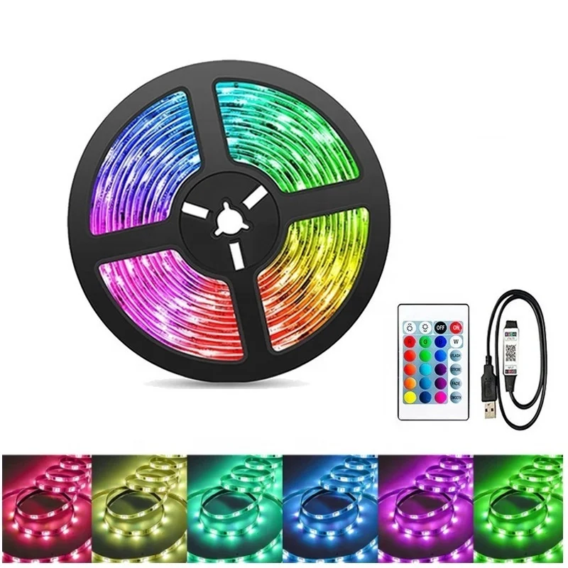 Biumart Wholesale RGB 6V 5M 30LEDs/M Light Tape Flexible 24Key Remote Control Cabinet TV 5050 SMD LED Smart Strip Lights