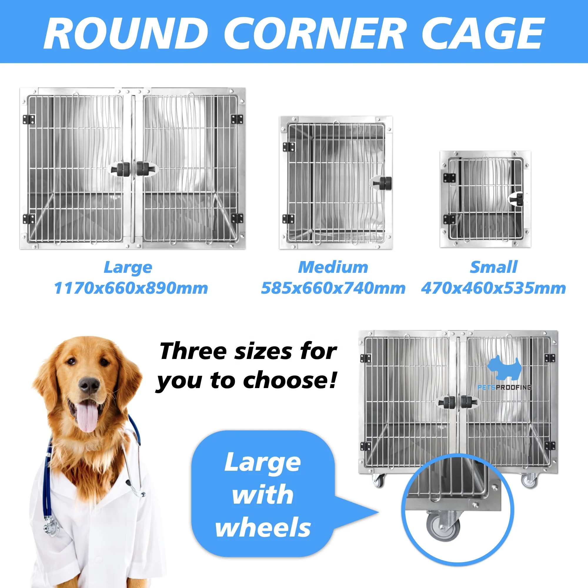 Petsproofing Modular combination type veterinary cage stainless steel VET dog cage for pet hospital clinic cage