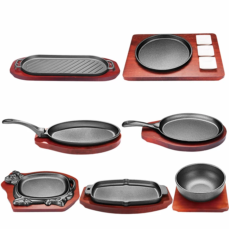 Round Square Shape Cast Iron Cooking Hot Frying Grill Fajita Skillet Sizzling Plate Set With Wooden Base Steak Pan