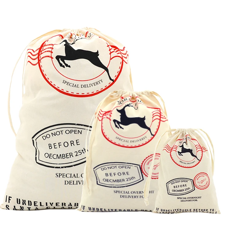 Wholesale Eco Friendly Reusable Christmas Cotton Gift Bag Christmas Cotton Drawstring Bag