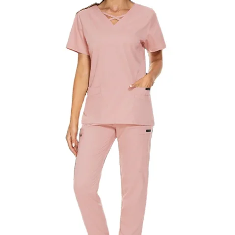 LH Custom V-neck Hospital Uniforms Medical Nursing Scrubs Uniform Scrub Sets Short Sleeve Tops jogger Pants Uniform Women Nurse