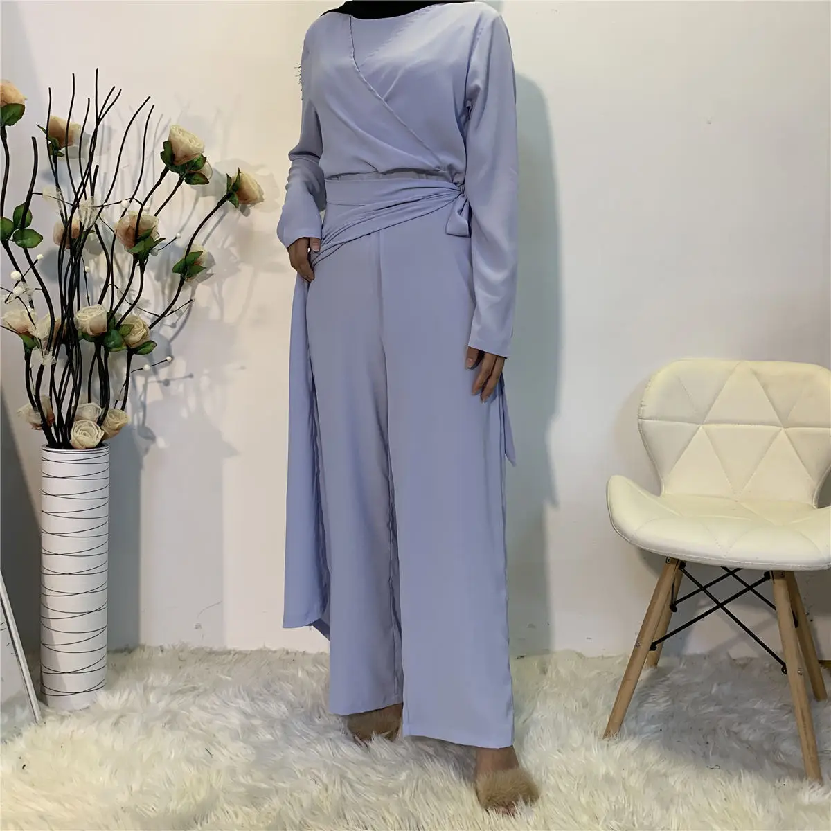 V-neck women Islamic patchwork clothes female solid color Muslim jumpsuits adults one-piece clothing sets