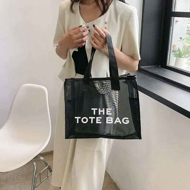 Mesh Beach Bag Tote Bag for Women Foldable Swim Large Beach Tote Bag with Zipper Pockets Waterproof Sand-proof