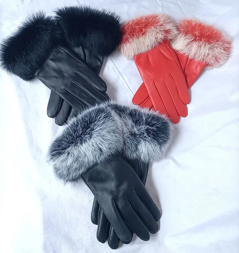 2024 Women Winter Real Sheepskin Gloves With Real Fur Cuff Warm Ladies Genuine Fur Trim Leather Glove Female Fashion Hand warmer