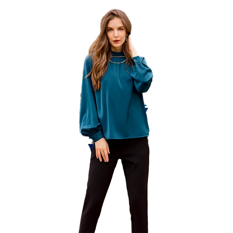High Quality Solid Woven Stand Neck Long Sleeve Satin Fashion Womens Blouses Tops Shirt Lady