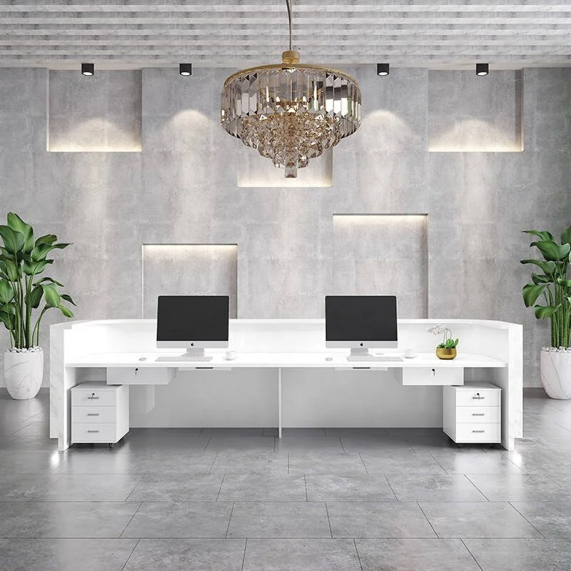 Modern company office reception table design large size wooden white hotel reception desk for salon