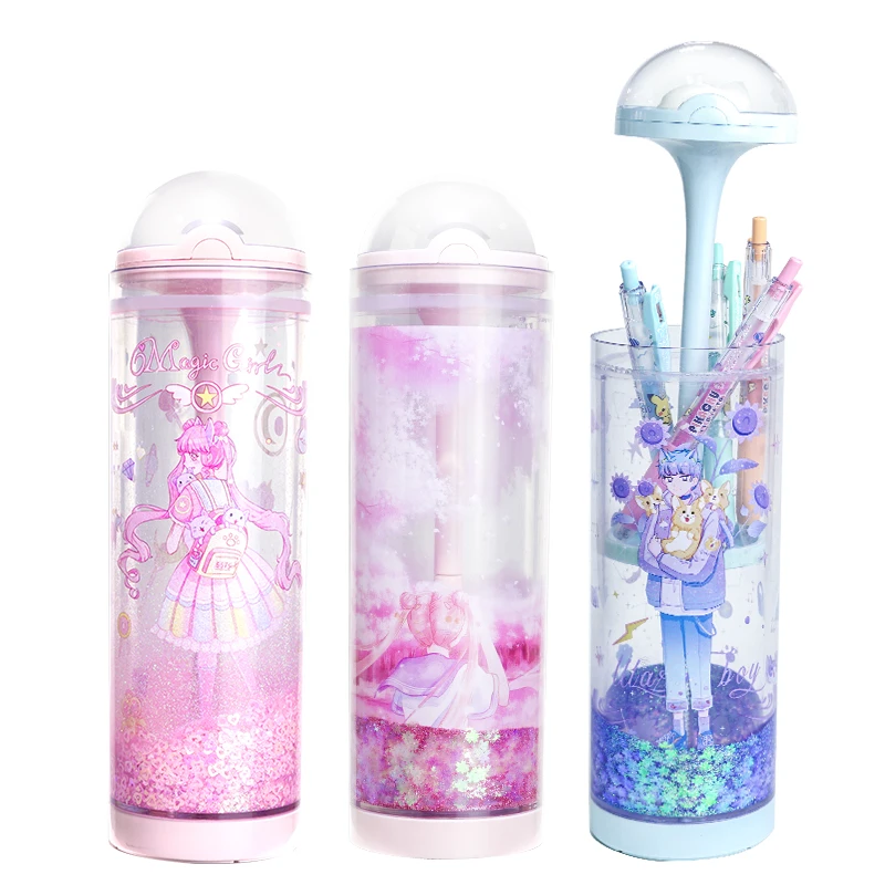
NBX original patent products lift switch quicksand tumbler unusual pencil case blue and pink transparent cylinder pen holder 