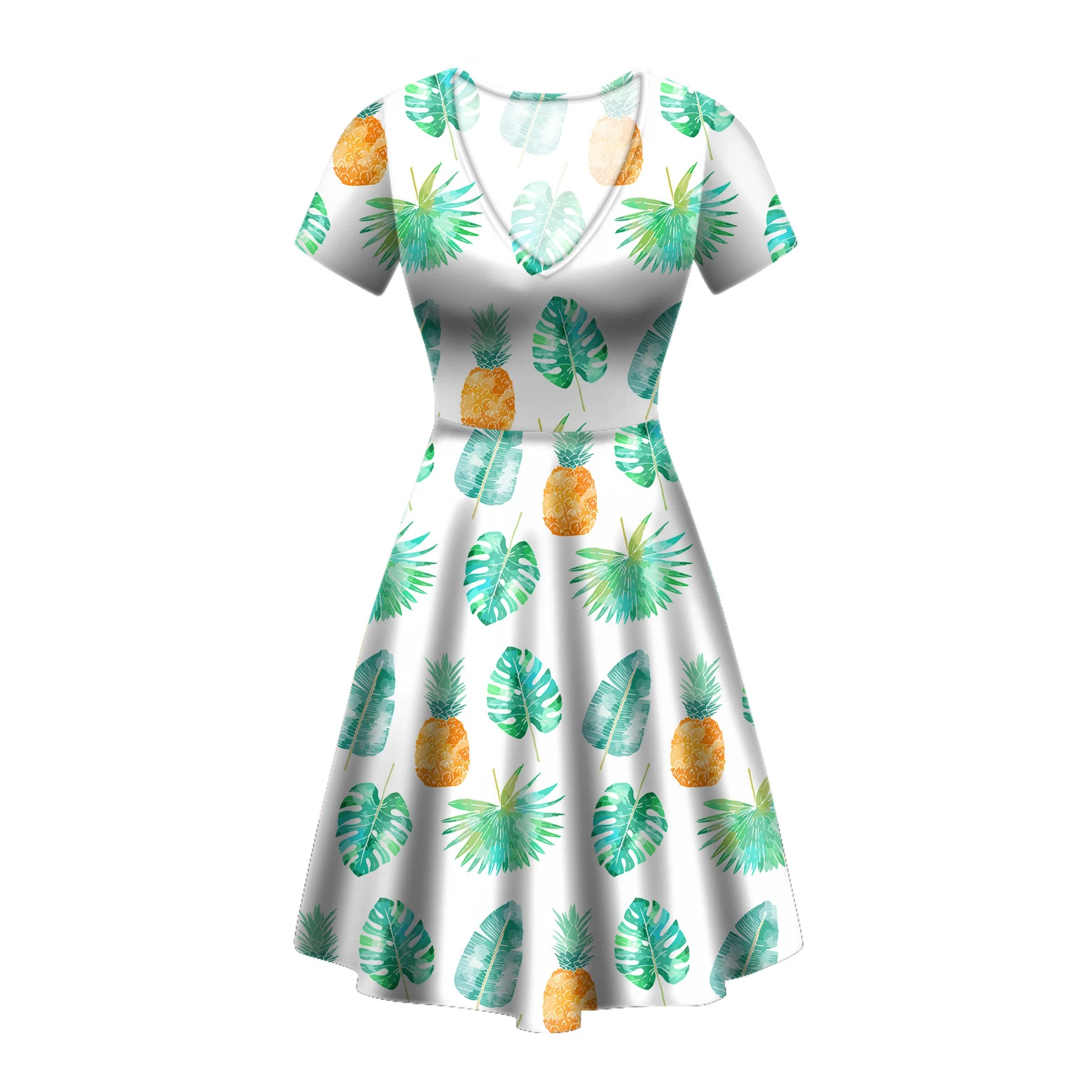
Leisure Women Floral Long Dress With Tropical Flowers Elegant Ladies V Neck Long Dresses Pineappple Seamless Print Flare Skirts 