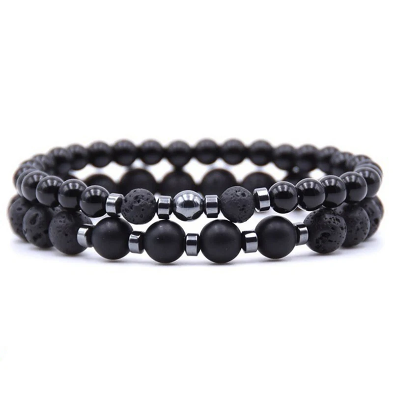 Men Women 2Pcs / Set Natural Matte Black Onyx Stone Jewelry Charm Healing Bead Bracelet