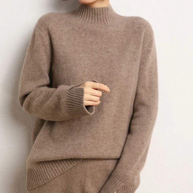 100% cashmere Merino Wool Sweater Knit Custom Ladies Sweaters Gray Color Turtleneck Women Sweater