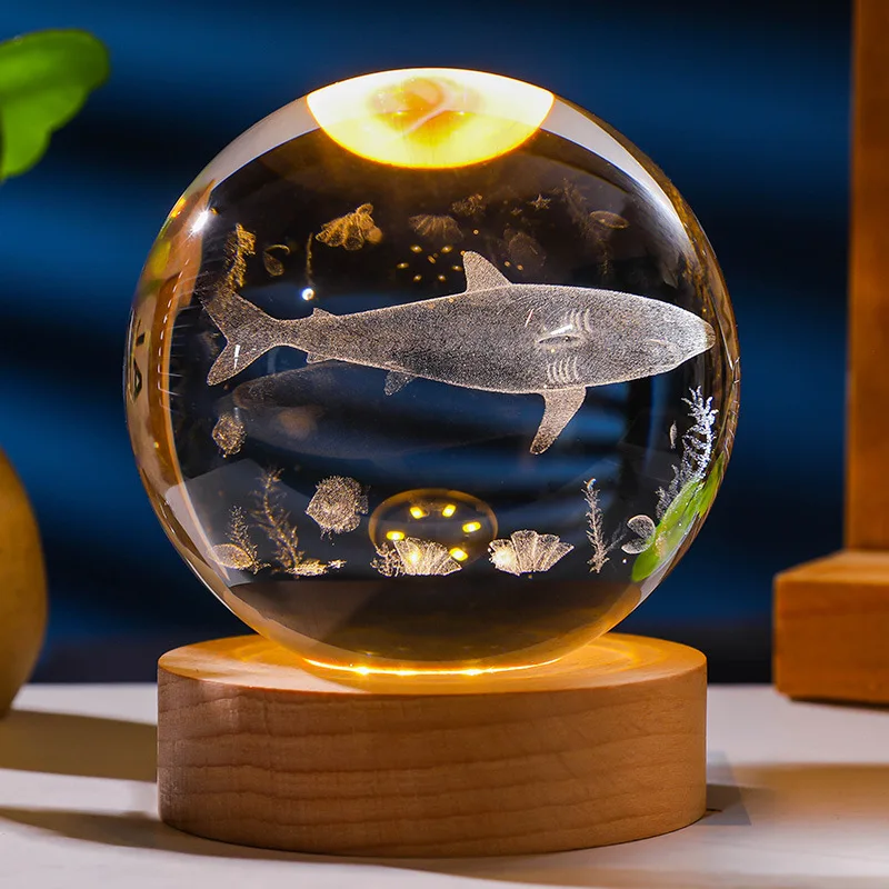 USB Night Light 3d Interior Crystal Ornament Small crystal Ball Luminous Crystal Night Ball With Wood Base