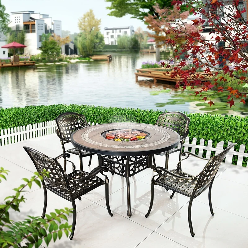 Round Wood Burning Garden Cast Aluminum Wrought Iron Furniture Outdoor Korean BBQ Grill Table and Chair Sets