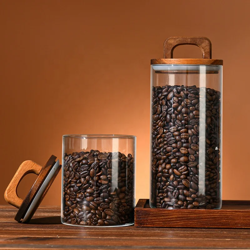 Glass pantry storage containers glass jar coffee bean noodles storage jar canister set airtight sealing wooden lid