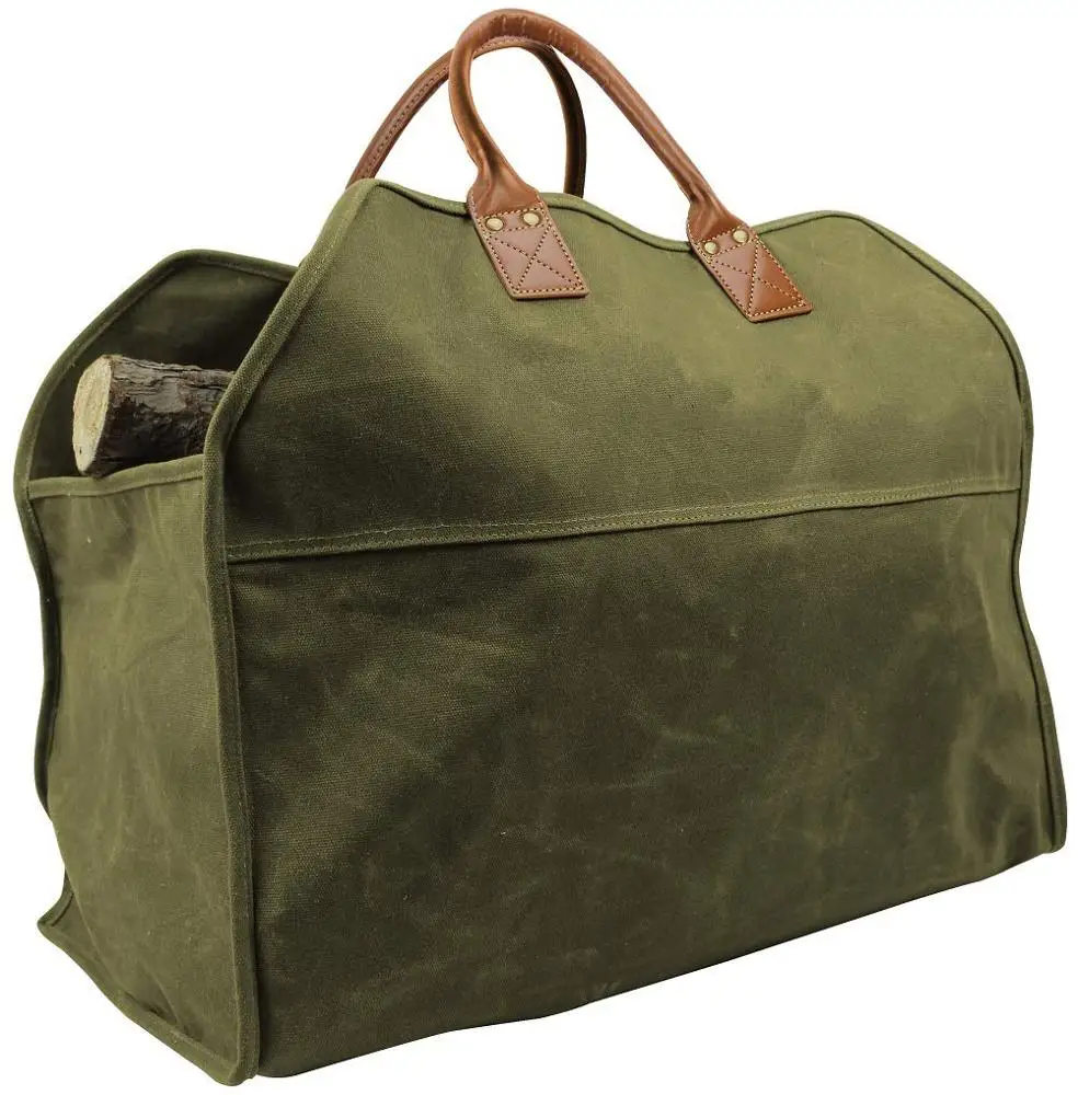 
CHD-01 logo printed heavy duty army green waxed canvas log carrier tote firewood holder with leather handle 