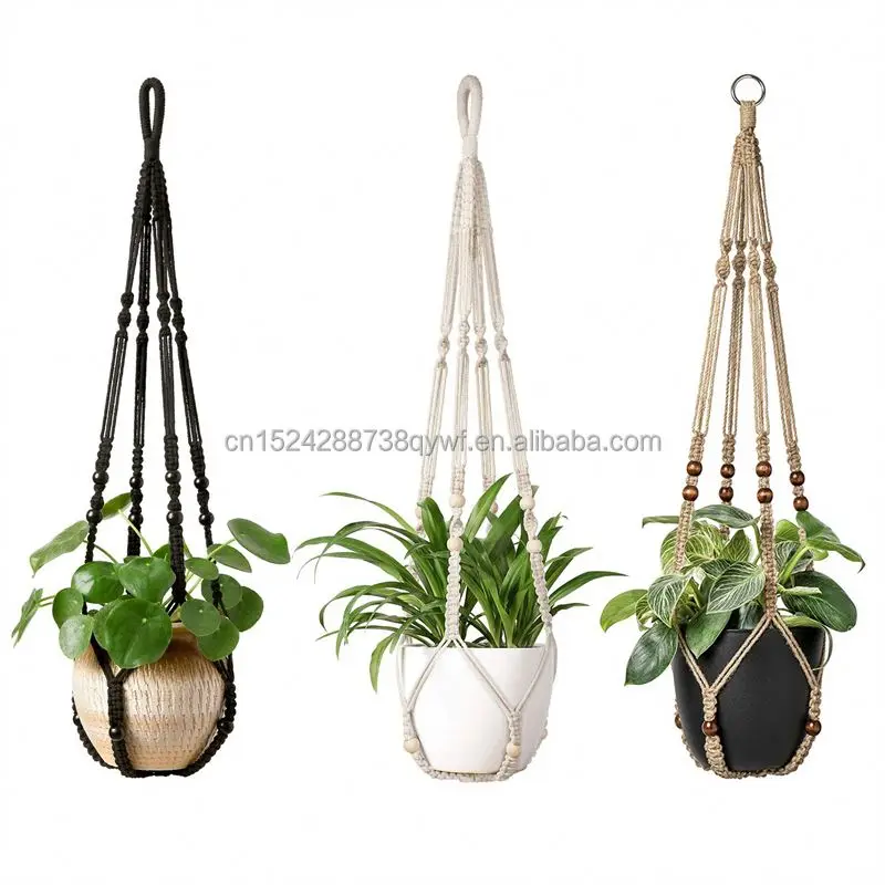 Indoor Rope Plant Hanger Hanging Plant Basket with Wooden Beads Decorative Planter Holder No Rim for Indoor Outdoor Boho Home