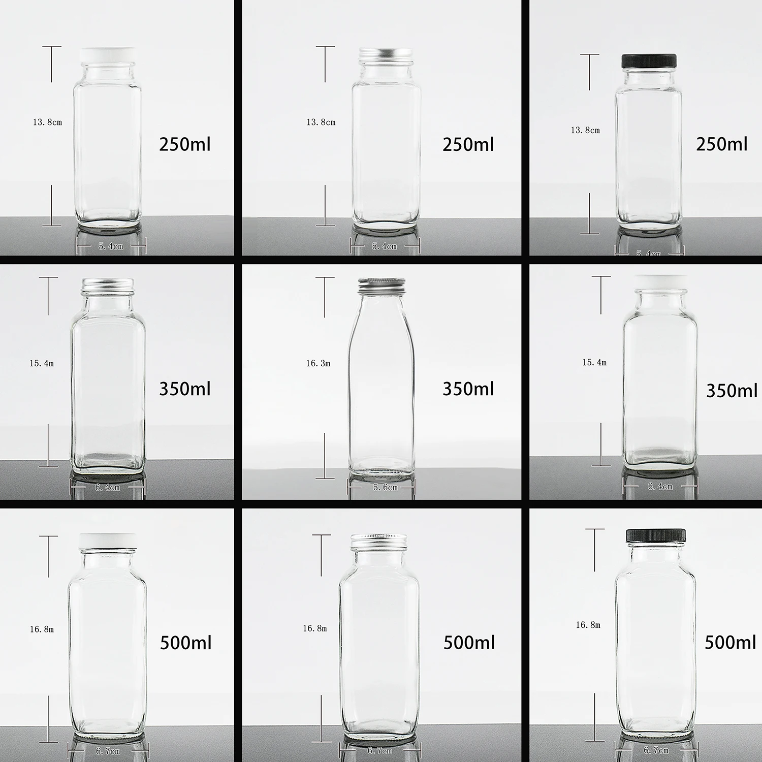 Custom Clear French Square 250ml 350ml 500ml Cold Press Coffee Milk Tea Beverage Juice Glass Bottles 16oz Drink Bottle with Lid